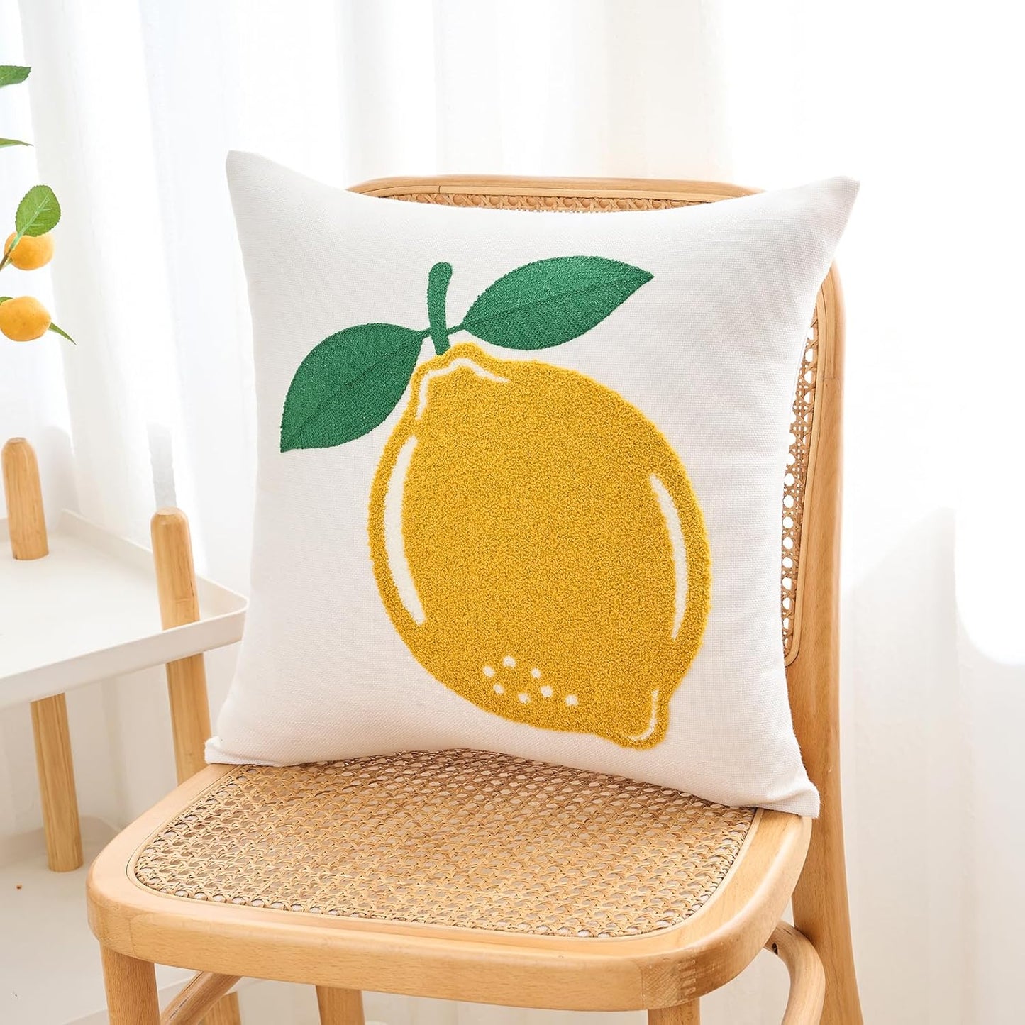 Embroidered Summer Throw Pillow Cover 18x18 Inch Farmhouse Embroidery Yellow Lemon Decorative Pillowcase Seasonal Outdoor Patio Cushion Case for Sofa Couch Home Decor