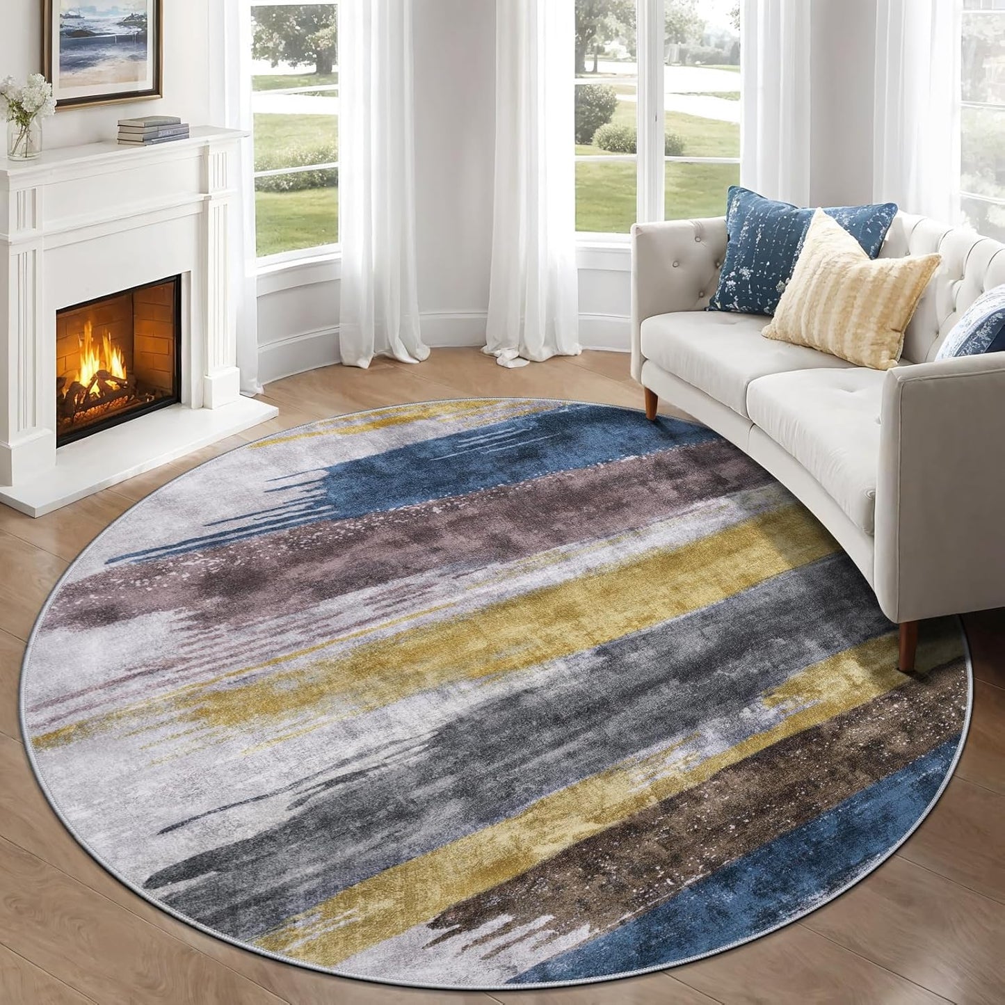 Ciicool 5ft Round Washable Rug, Modern Abstract Circle Rugs, Non-Slip Thin Lightweight Rug Yellow Blue Circular Print Distressed Carpet for Bedroom Living Room Under Dining Table Home Office Decor