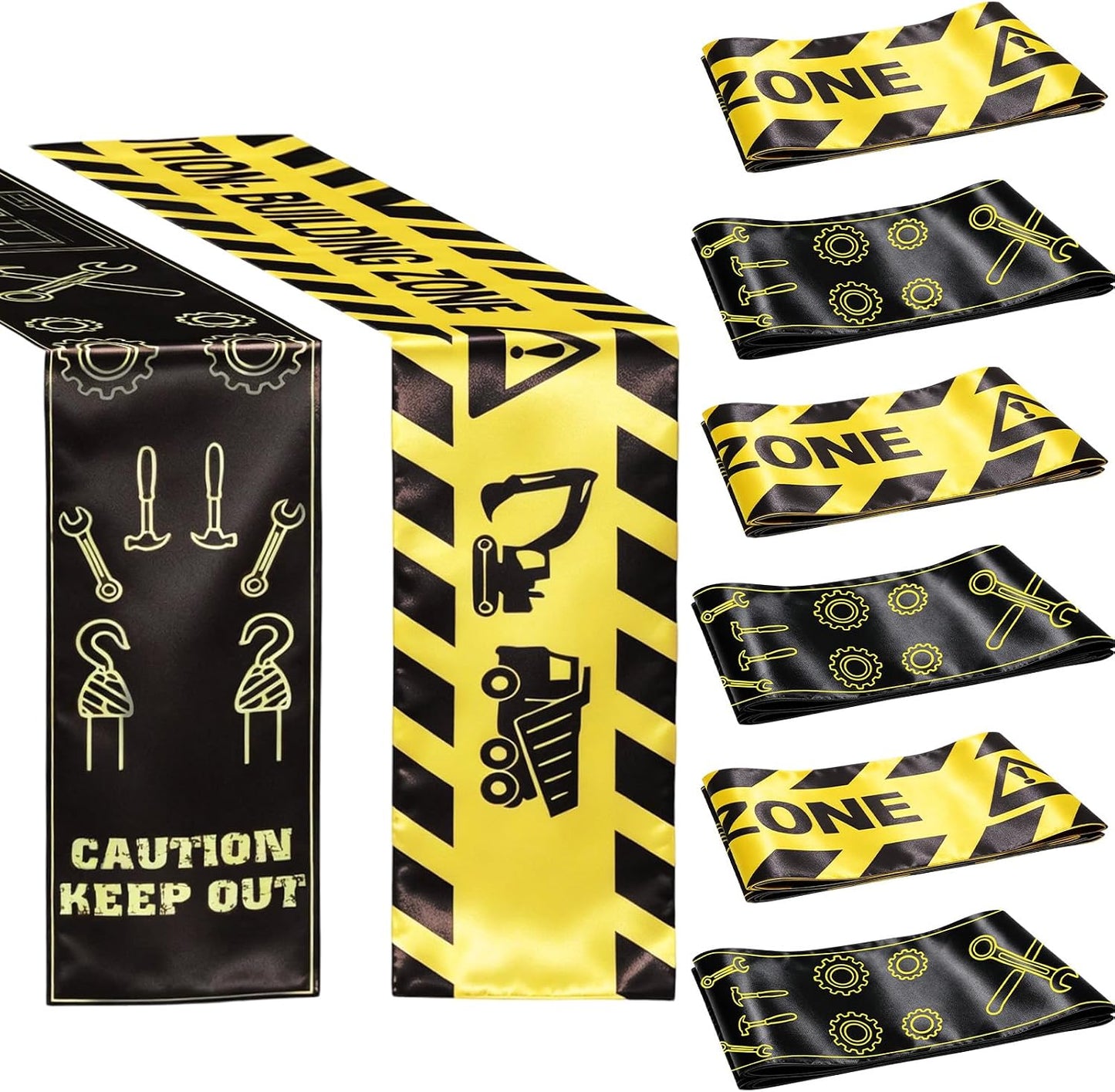 6Pcs Construction Themed Satin Table Runners 60 x 6 in, Tablecloth Runner Centerpieces for Dessert Table Dining Room Kitchen Table Cover Home School Party Decorations Supplies Yellow Black