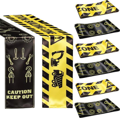 6Pcs Construction Themed Satin Table Runners 60 x 6 in, Tablecloth Runner Centerpieces for Dessert Table Dining Room Kitchen Table Cover Home School Party Decorations Supplies Yellow Black
