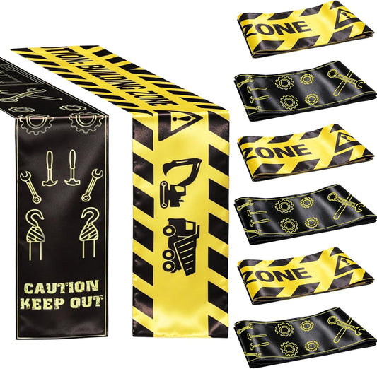 6Pcs Construction Themed Satin Table Runners 60 x 6 in, Tablecloth Runner Centerpieces for Dessert Table Dining Room Kitchen Table Cover Home School Party Decorations Supplies Yellow Black