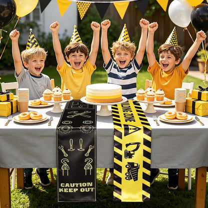 6Pcs Construction Themed Satin Table Runners 60 x 6 in, Tablecloth Runner Centerpieces for Dessert Table Dining Room Kitchen Table Cover Home School Party Decorations Supplies Yellow Black