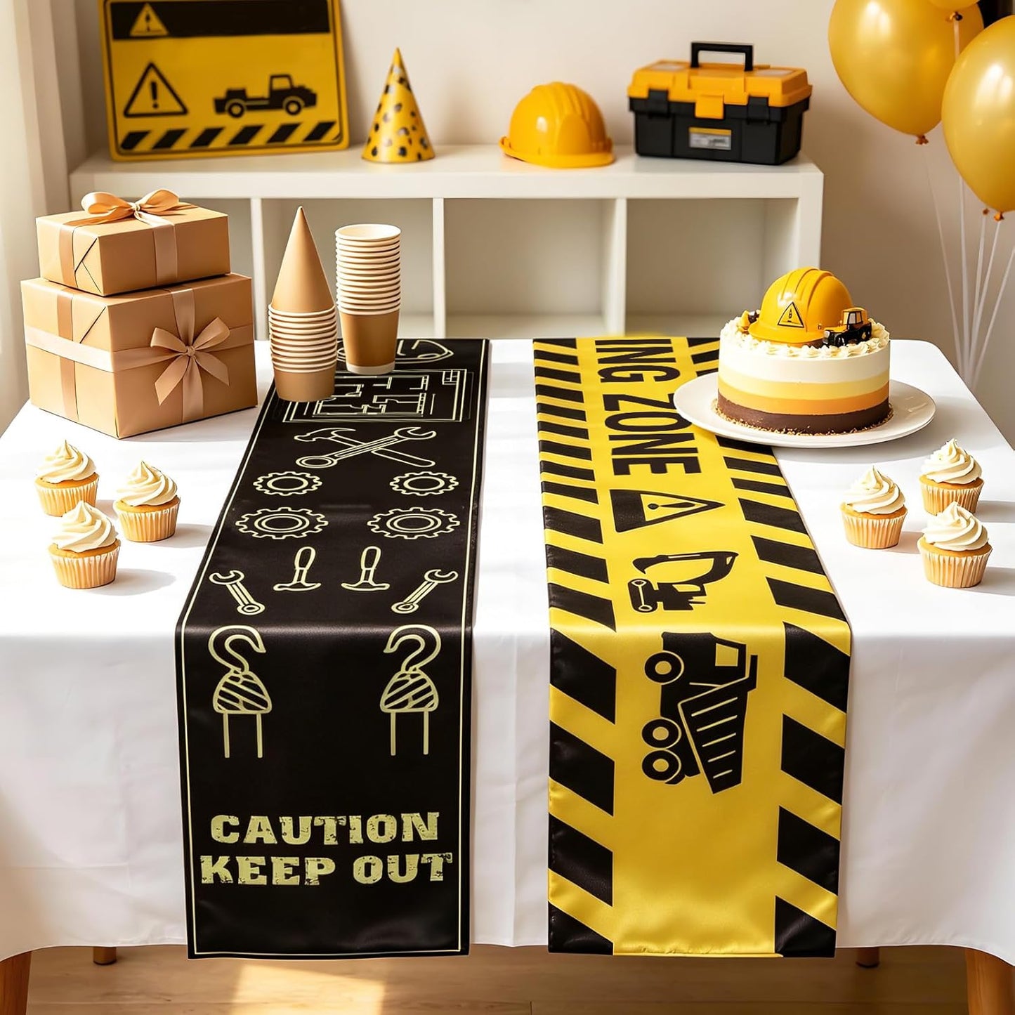 6Pcs Construction Themed Satin Table Runners 60 x 6 in, Tablecloth Runner Centerpieces for Dessert Table Dining Room Kitchen Table Cover Home School Party Decorations Supplies Yellow Black