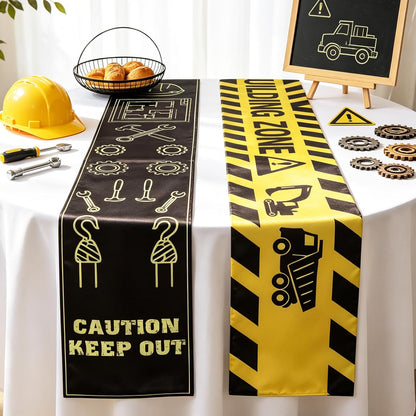 6Pcs Construction Themed Satin Table Runners 60 x 6 in, Tablecloth Runner Centerpieces for Dessert Table Dining Room Kitchen Table Cover Home School Party Decorations Supplies Yellow Black