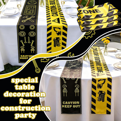 6Pcs Construction Themed Satin Table Runners 60 x 6 in, Tablecloth Runner Centerpieces for Dessert Table Dining Room Kitchen Table Cover Home School Party Decorations Supplies Yellow Black