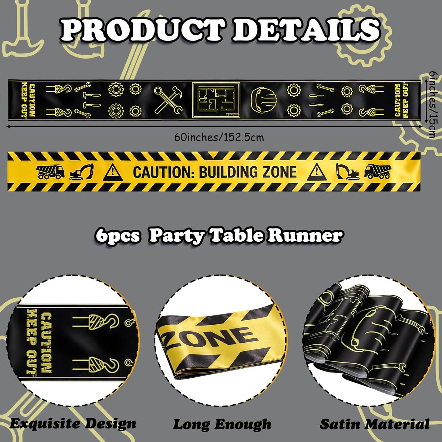 6Pcs Construction Themed Satin Table Runners 60 x 6 in, Tablecloth Runner Centerpieces for Dessert Table Dining Room Kitchen Table Cover Home School Party Decorations Supplies Yellow Black