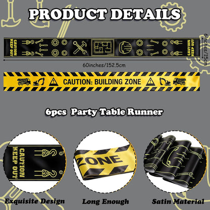 6Pcs Construction Themed Satin Table Runners 60 x 6 in, Tablecloth Runner Centerpieces for Dessert Table Dining Room Kitchen Table Cover Home School Party Decorations Supplies Yellow Black