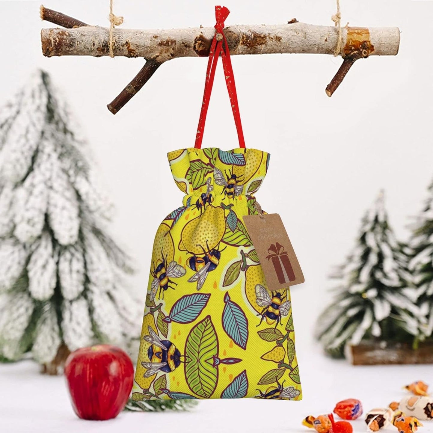 Yellow Lemon And Bee Print Cotton Linen Fabric Gift Bags Drawstring Gift Bags Christmas Burlap Candy Bags Packing Storage Bags Jewelry Pouch Candy Bags Christmas Party Supplies Decor