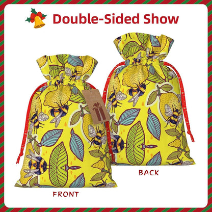 Yellow Lemon And Bee Print Cotton Linen Fabric Gift Bags Drawstring Gift Bags Christmas Burlap Candy Bags Packing Storage Bags Jewelry Pouch Candy Bags Christmas Party Supplies Decor
