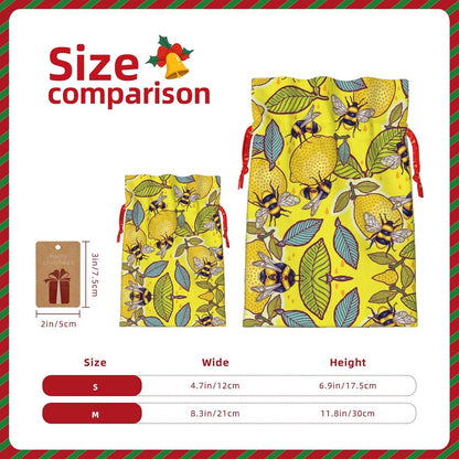 Yellow Lemon And Bee Print Cotton Linen Fabric Gift Bags Drawstring Gift Bags Christmas Burlap Candy Bags Packing Storage Bags Jewelry Pouch Candy Bags Christmas Party Supplies Decor