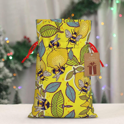 Yellow Lemon And Bee Print Cotton Linen Fabric Gift Bags Drawstring Gift Bags Christmas Burlap Candy Bags Packing Storage Bags Jewelry Pouch Candy Bags Christmas Party Supplies Decor