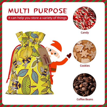 Yellow Lemon And Bee Print Cotton Linen Fabric Gift Bags Drawstring Gift Bags Christmas Burlap Candy Bags Packing Storage Bags Jewelry Pouch Candy Bags Christmas Party Supplies Decor