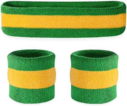 Striped Sweatband Set, Moisture Wicking 2 Wristbands and 1 Headband, Breathable Athletic Sweat Bands for Sports, Costumes & Cosplay, Matching Bands to Wear with Jersey