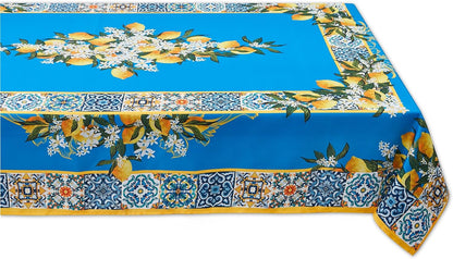 Provence Blue Lemon Mediterranean Tile Tabletop for Spring Summer Decorations, Picnics and Dinner Parties - Indoor Outdoor, Stain and Water Resistant, Tablecloth, 52 x 70 Rectangle