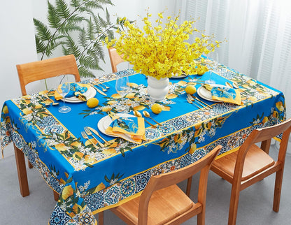 Provence Blue Lemon Mediterranean Tile Tabletop for Spring Summer Decorations, Picnics and Dinner Parties - Indoor Outdoor, Stain and Water Resistant, Tablecloth, 52 x 70 Rectangle