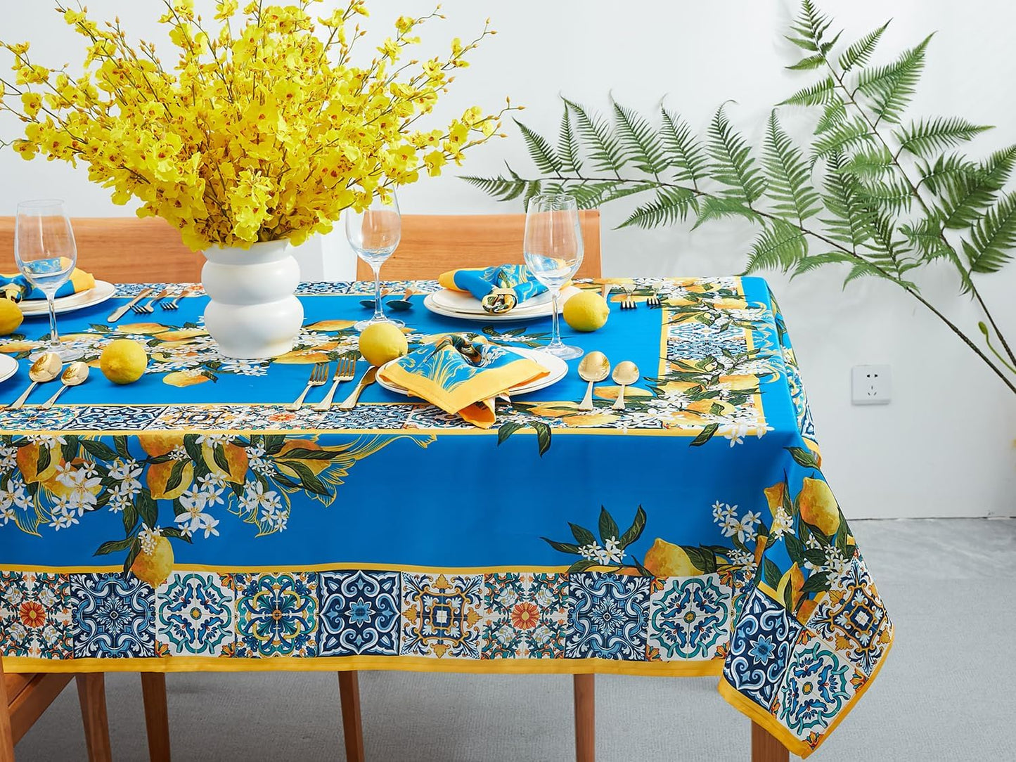 Provence Blue Lemon Mediterranean Tile Tabletop for Spring Summer Decorations, Picnics and Dinner Parties - Indoor Outdoor, Stain and Water Resistant, Tablecloth, 52 x 70 Rectangle