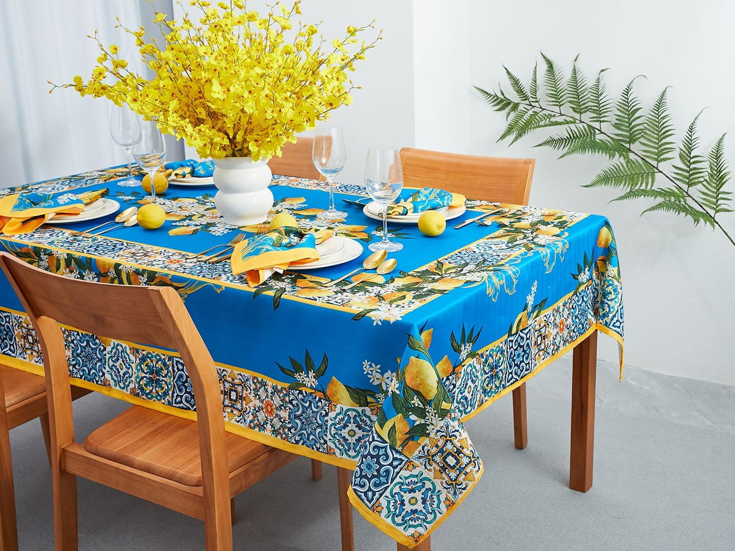 Provence Blue Lemon Mediterranean Tile Tabletop for Spring Summer Decorations, Picnics and Dinner Parties - Indoor Outdoor, Stain and Water Resistant, Tablecloth, 52 x 70 Rectangle