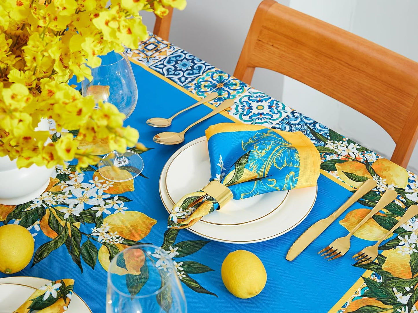 Provence Blue Lemon Mediterranean Tile Tabletop for Spring Summer Decorations, Picnics and Dinner Parties - Indoor Outdoor, Stain and Water Resistant, Tablecloth, 52 x 70 Rectangle