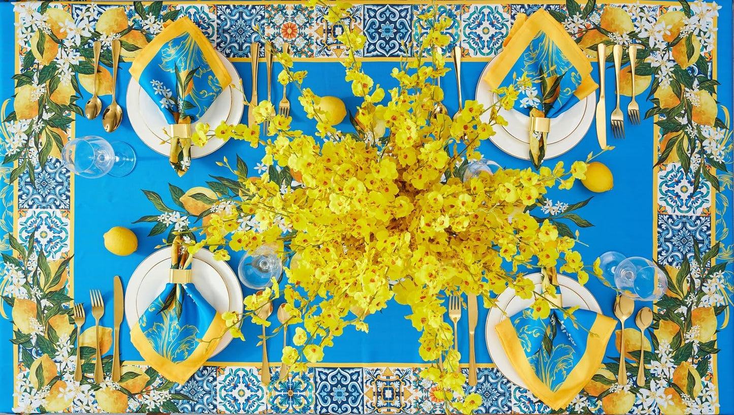 Provence Blue Lemon Mediterranean Tile Tabletop for Spring Summer Decorations, Picnics and Dinner Parties - Indoor Outdoor, Stain and Water Resistant, Tablecloth, 52 x 70 Rectangle