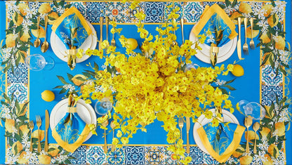 Provence Blue Lemon Mediterranean Tile Tabletop for Spring Summer Decorations, Picnics and Dinner Parties - Indoor Outdoor, Stain and Water Resistant, Tablecloth, 52 x 70 Rectangle