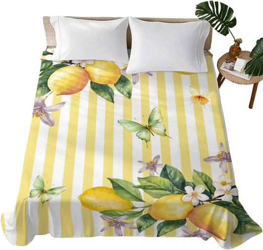 Lemon Flower Flat Bed Sheet Queen Size for Queen Mattress, Microfiber Bedding Top Sheets Deep Pocket for All Seasons, Yellow Vertical Stripes Butterfly Farmhouse Soft & Breathable Hotel Quality