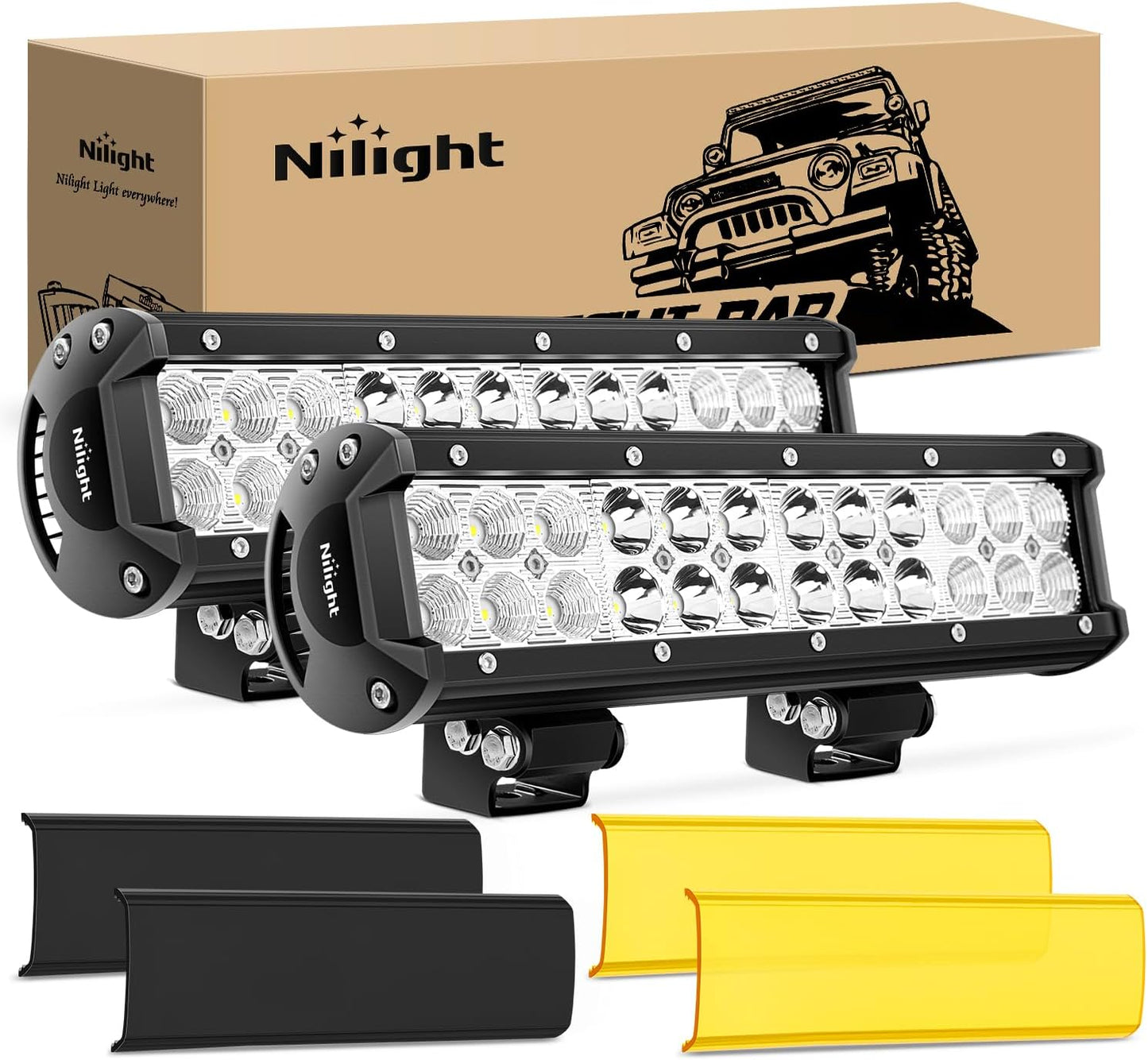 LED Light Bar with Yellow/Black Covers 2 PCS 12 Inch 72 W Spot Flood Combo Off Road Lights Super Bright Driving Fog Boat Lighting for Trucks Pickup Golf Cart SUV ATV UTV 4x4 Van Camper