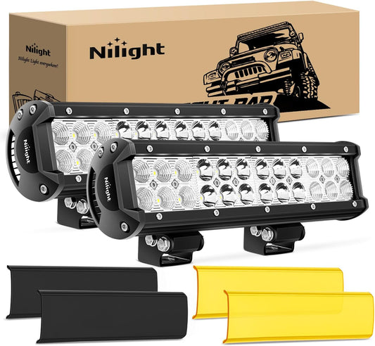 LED Light Bar with Yellow/Black Covers 2 PCS 12 Inch 72 W Spot Flood Combo Off Road Lights Super Bright Driving Fog Boat Lighting for Trucks Pickup Golf Cart SUV ATV UTV 4x4 Van Camper