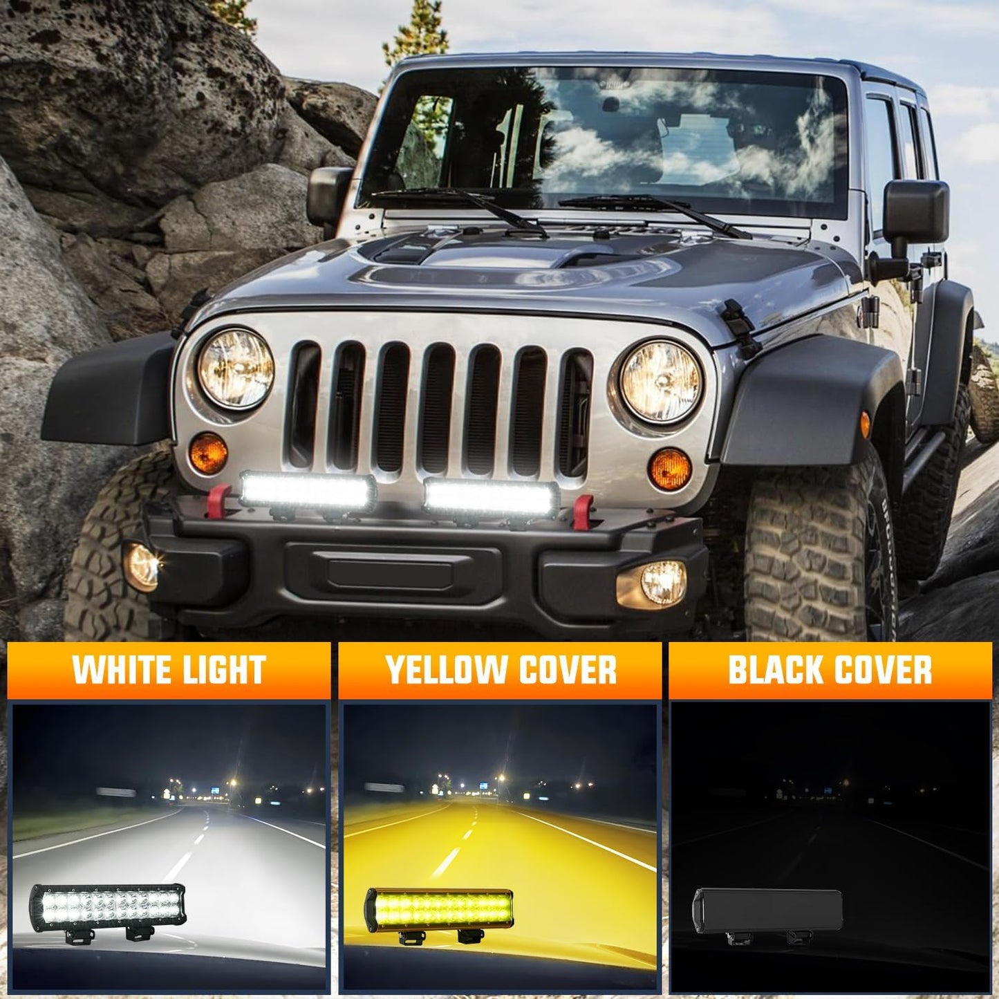 LED Light Bar with Yellow/Black Covers 2 PCS 12 Inch 72 W Spot Flood Combo Off Road Lights Super Bright Driving Fog Boat Lighting for Trucks Pickup Golf Cart SUV ATV UTV 4x4 Van Camper