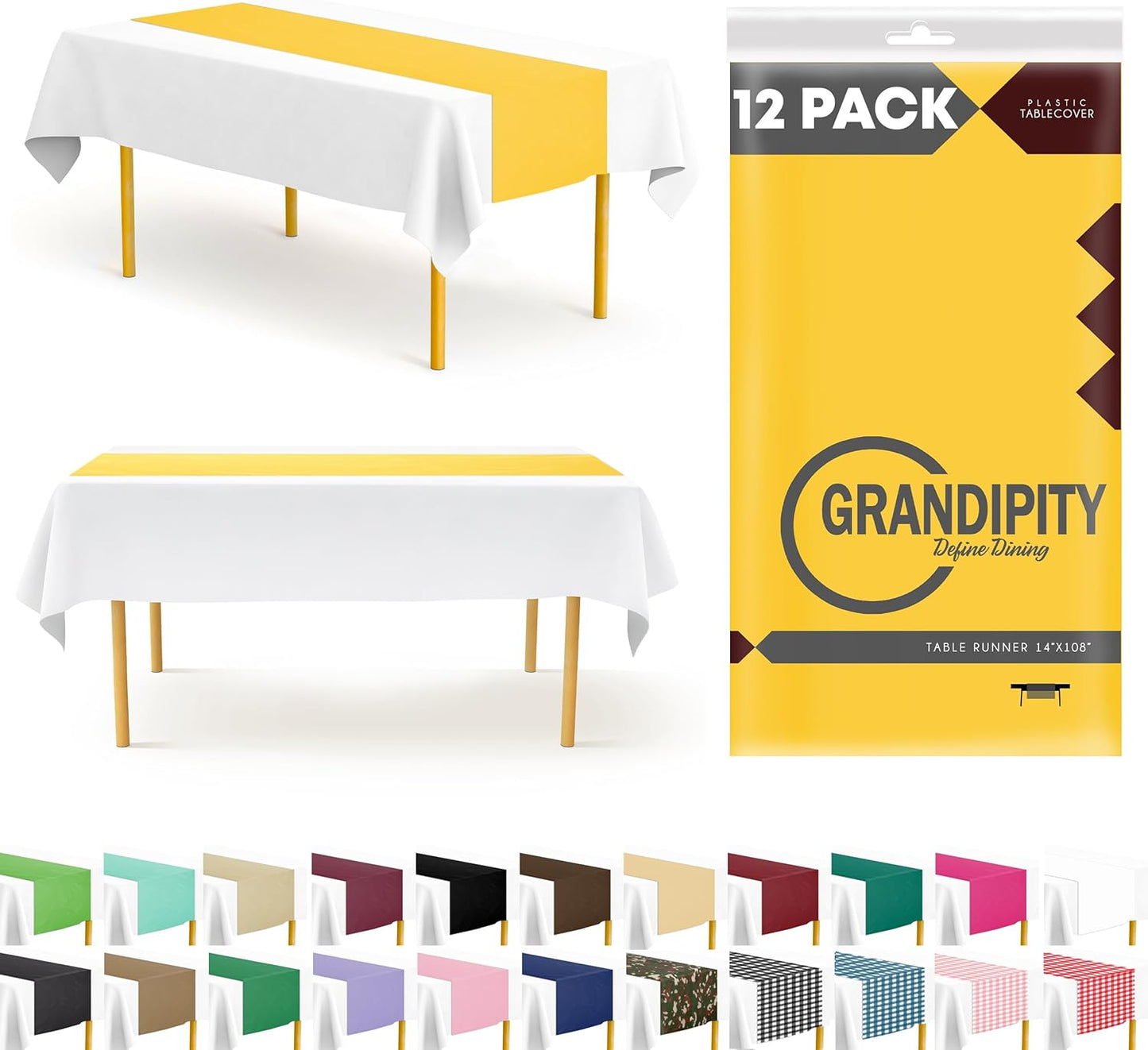Yellow 12 Pack Premium Disposable Plastic Table Runner 14 x 108 Inch. Table Runner for Dinner Parties & Events