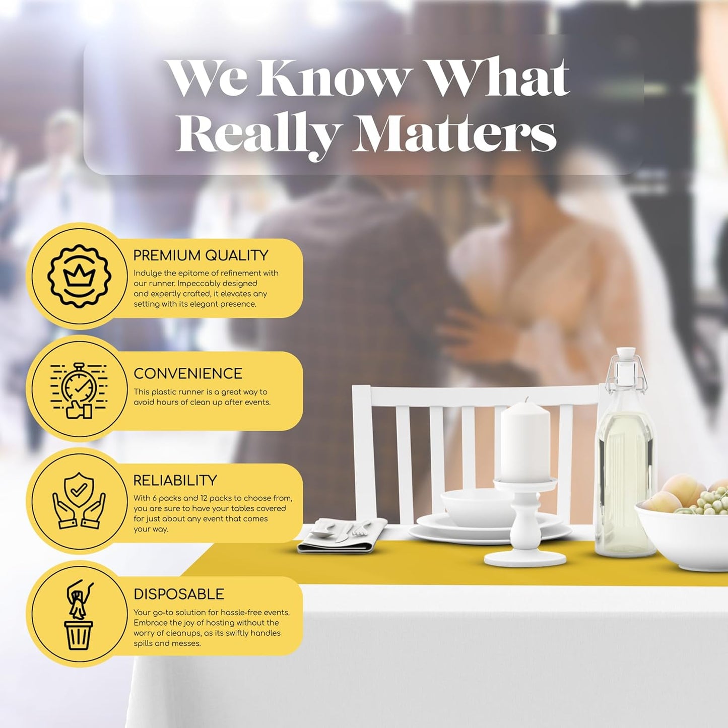Yellow 12 Pack Premium Disposable Plastic Table Runner 14 x 108 Inch. Table Runner for Dinner Parties & Events