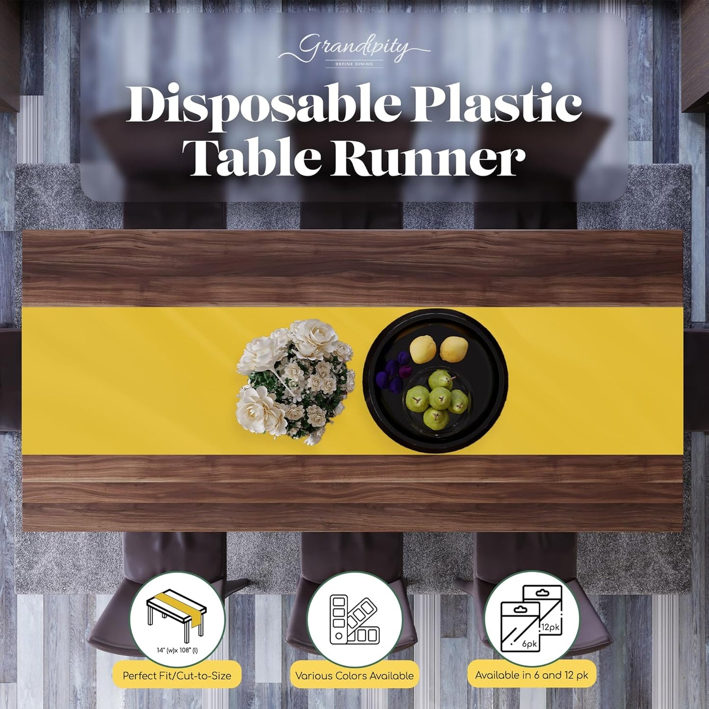 Yellow 12 Pack Premium Disposable Plastic Table Runner 14 x 108 Inch. Table Runner for Dinner Parties & Events