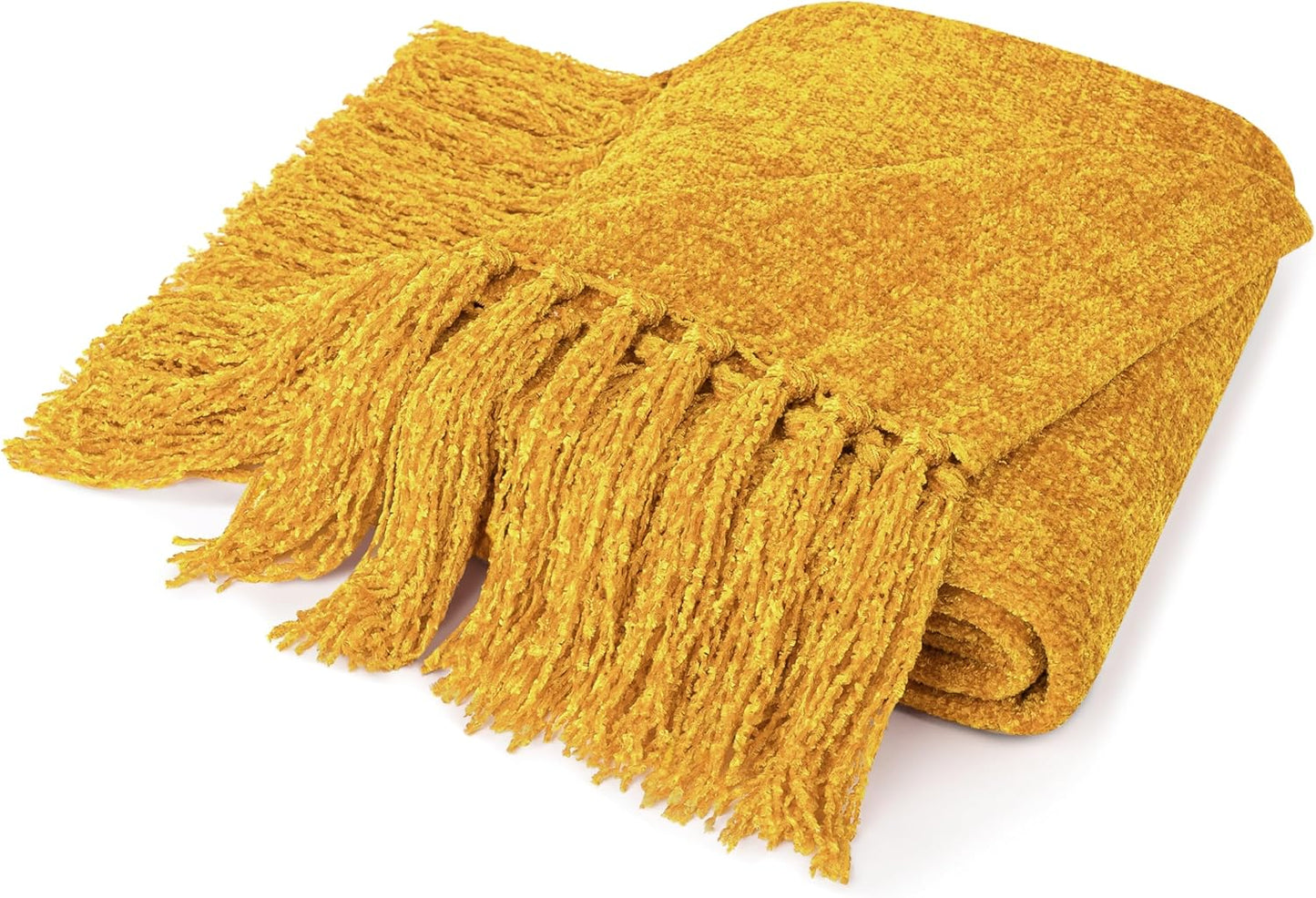 Mustard Yellow Chenille Blanket for Twin Size Bed, Soft Gold Knit Throw with Decorative Tassel Fringe, Blanket for Sofa Couch Living Room Decor Gift, Yellow Twin 60x80