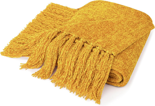 Mustard Yellow Chenille Blanket for Twin Size Bed, Soft Gold Knit Throw with Decorative Tassel Fringe, Blanket for Sofa Couch Living Room Decor Gift, Yellow Twin 60x80