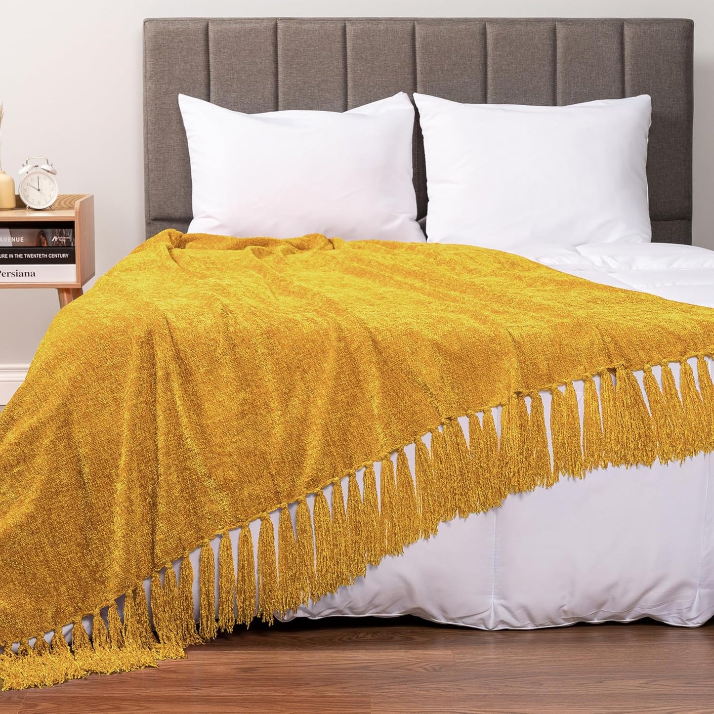 Mustard Yellow Chenille Blanket for Twin Size Bed, Soft Gold Knit Throw with Decorative Tassel Fringe, Blanket for Sofa Couch Living Room Decor Gift, Yellow Twin 60x80