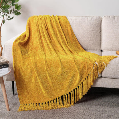 Mustard Yellow Chenille Blanket for Twin Size Bed, Soft Gold Knit Throw with Decorative Tassel Fringe, Blanket for Sofa Couch Living Room Decor Gift, Yellow Twin 60x80