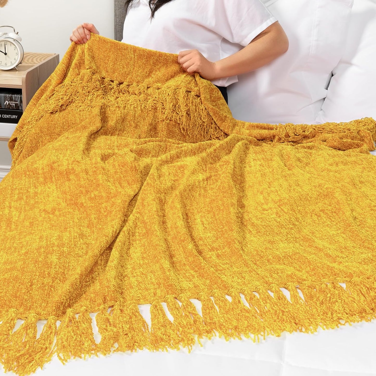 Mustard Yellow Chenille Blanket for Twin Size Bed, Soft Gold Knit Throw with Decorative Tassel Fringe, Blanket for Sofa Couch Living Room Decor Gift, Yellow Twin 60x80