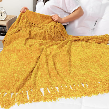 Mustard Yellow Chenille Blanket for Twin Size Bed, Soft Gold Knit Throw with Decorative Tassel Fringe, Blanket for Sofa Couch Living Room Decor Gift, Yellow Twin 60x80