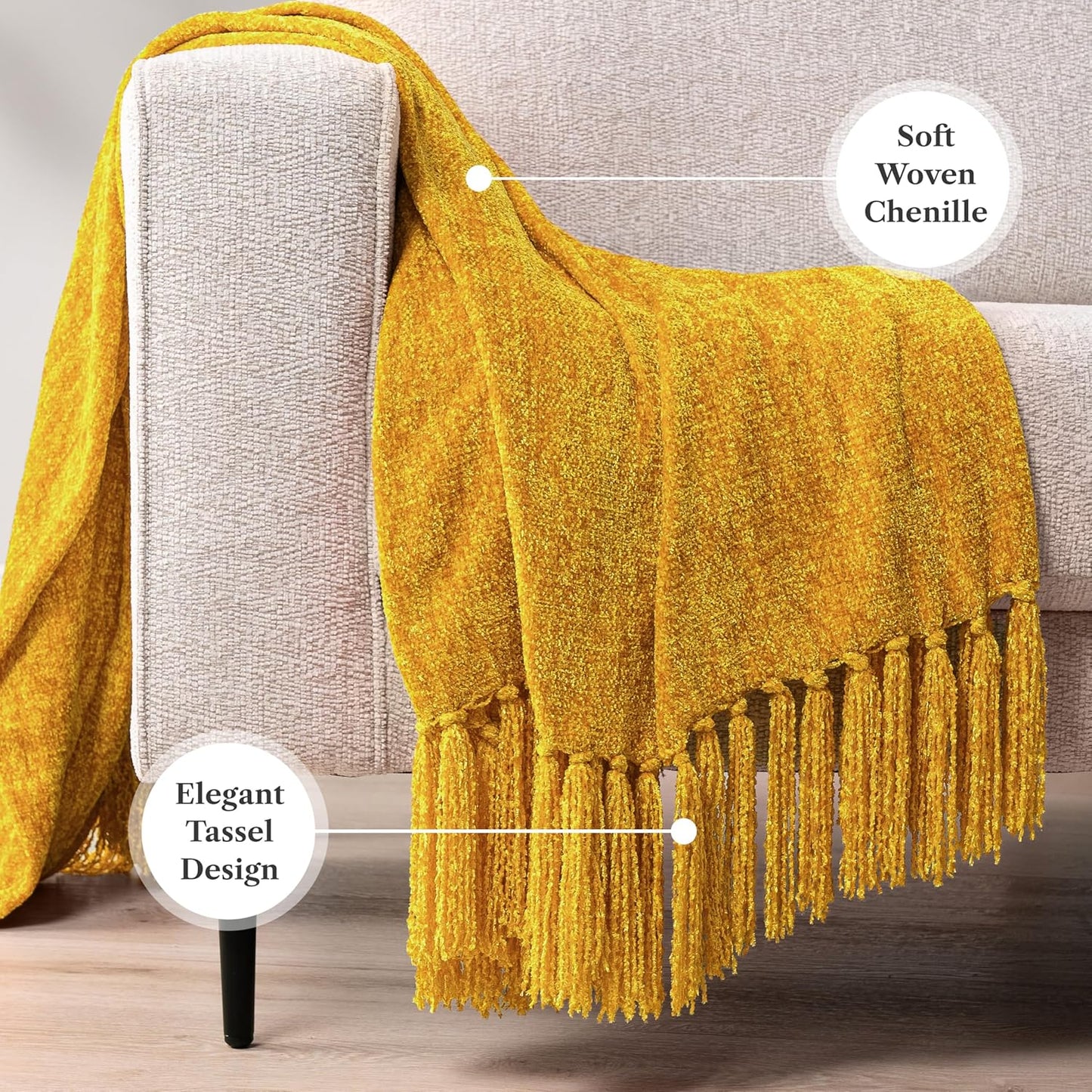 Mustard Yellow Chenille Blanket for Twin Size Bed, Soft Gold Knit Throw with Decorative Tassel Fringe, Blanket for Sofa Couch Living Room Decor Gift, Yellow Twin 60x80