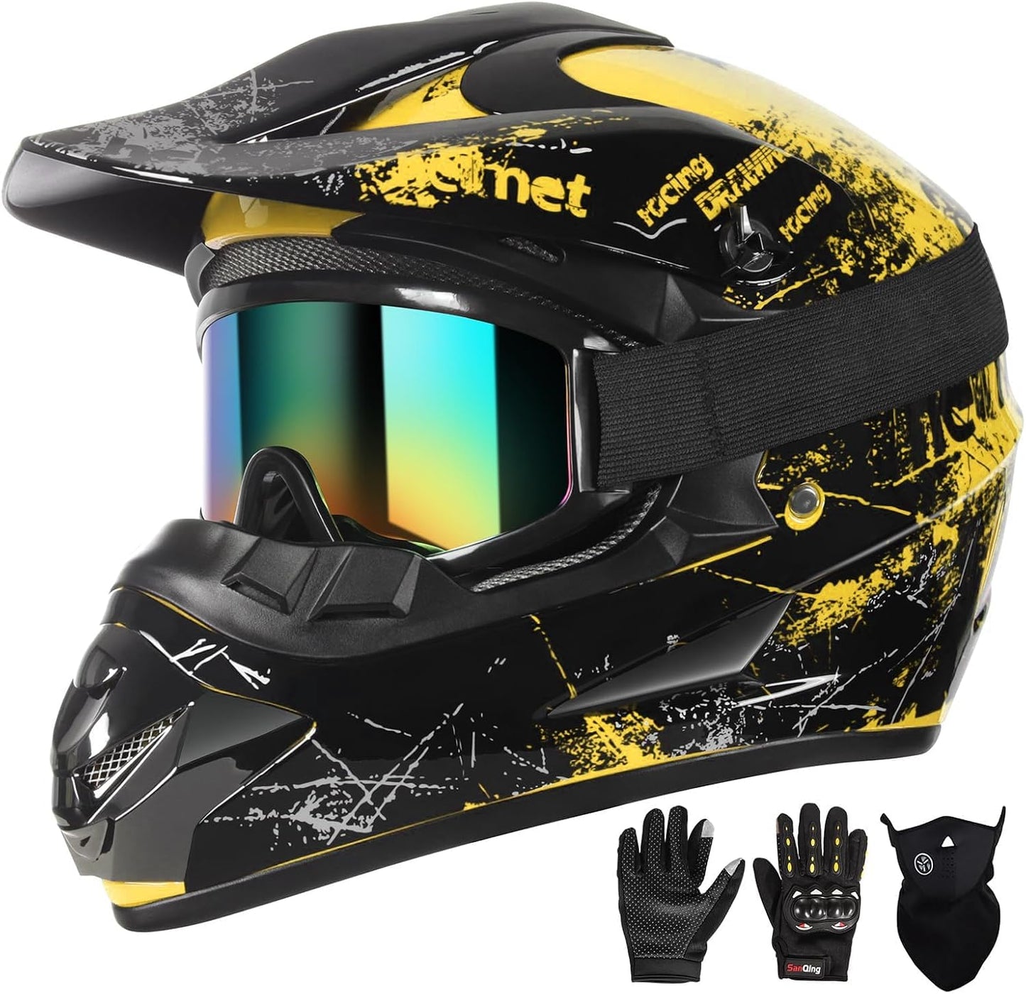 Dirt Bike Helmets Kids Motorcycle Helmet Youth ATV Motocross Full Face Men Women Off-Road Mountain Bike Helmet Adult with(Gloves Goggles Mask) DOT Approved 4Pcs Set