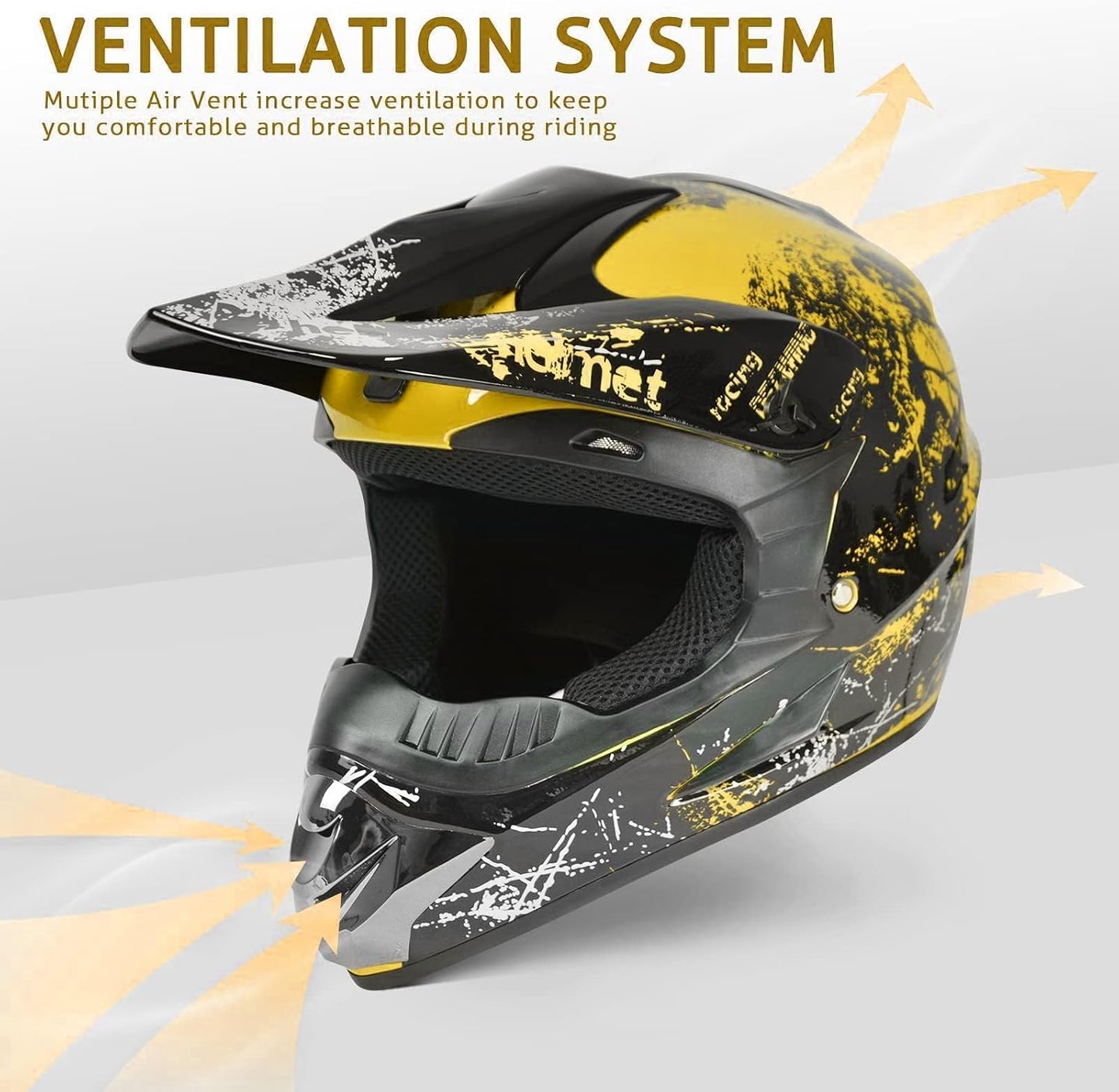 Dirt Bike Helmets Kids Motorcycle Helmet Youth ATV Motocross Full Face Men Women Off-Road Mountain Bike Helmet Adult with(Gloves Goggles Mask) DOT Approved 4Pcs Set
