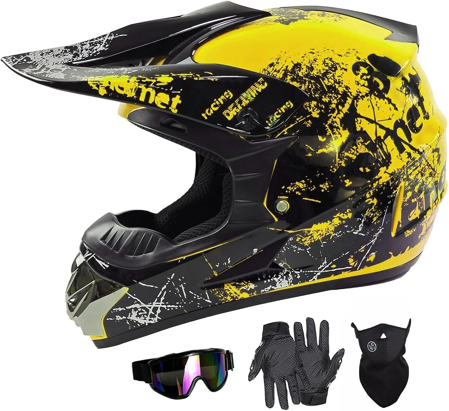 Dirt Bike Helmets Kids Motorcycle Helmet Youth ATV Motocross Full Face Men Women Off-Road Mountain Bike Helmet Adult with(Gloves Goggles Mask) DOT Approved 4Pcs Set