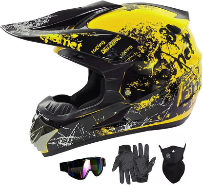 Dirt Bike Helmets Kids Motorcycle Helmet Youth ATV Motocross Full Face Men Women Off-Road Mountain Bike Helmet Adult with(Gloves Goggles Mask) DOT Approved 4Pcs Set
