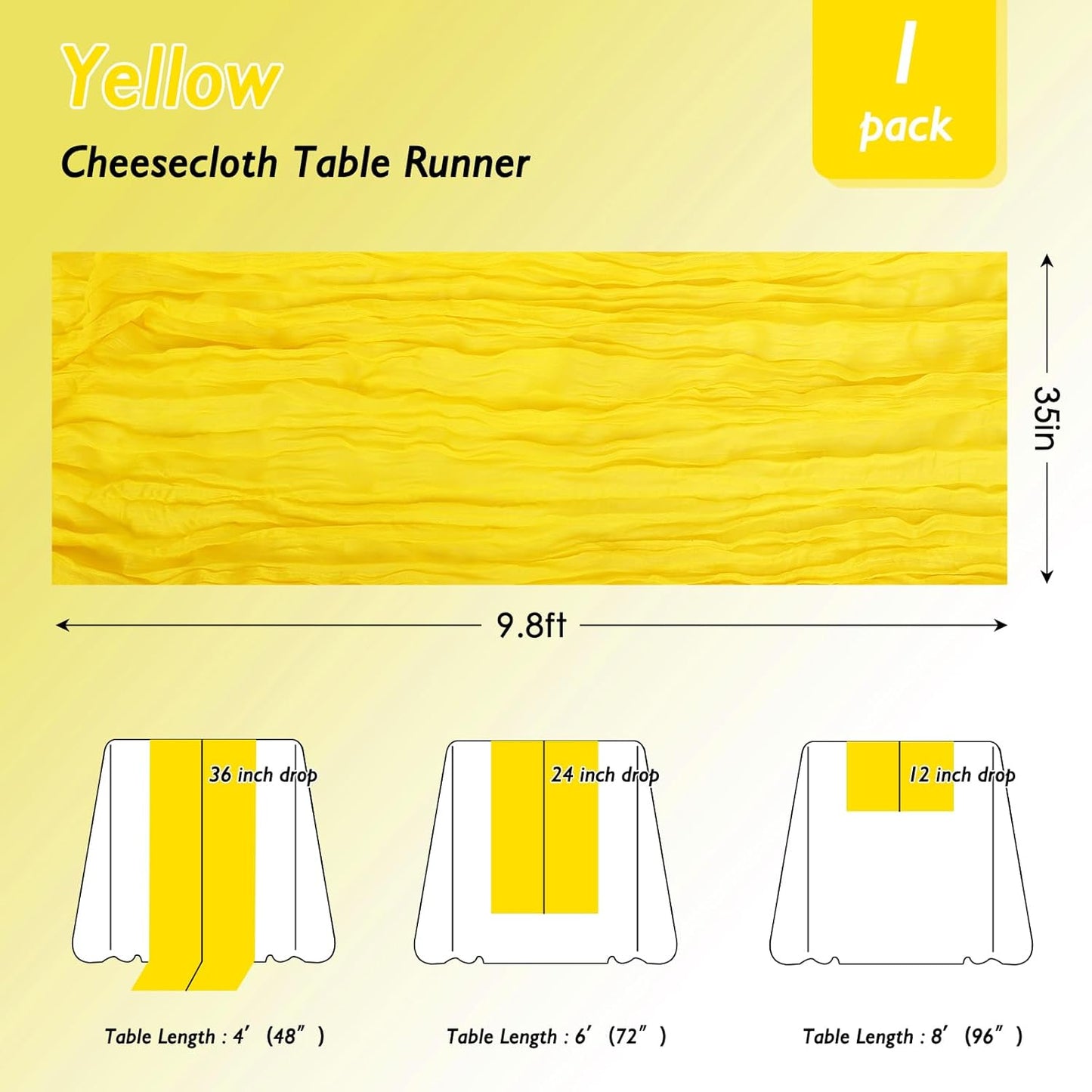 Yellow Cheesecloth Table Runner 120 Inch 10FT Cheese Cloth Fabric Runners 1 Pack for Spring Home Decor, Baby Shower, Birthday, Wedding Decoration