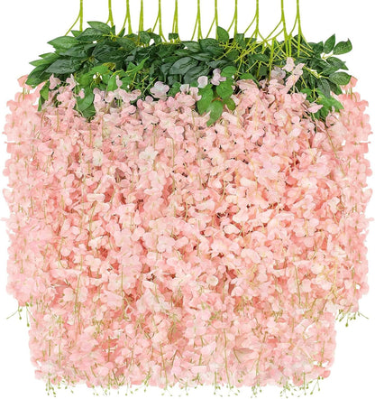 Wisteria Hanging Flowers 12 Pack Wisteria Artificial Flowers Fake Silk Flowers String Vine Ratta Hanging Garland for Home Garden Party Wedding Backdrop Arch Decor (Yellow)