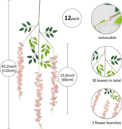 Wisteria Hanging Flowers 12 Pack Wisteria Artificial Flowers Fake Silk Flowers String Vine Ratta Hanging Garland for Home Garden Party Wedding Backdrop Arch Decor (Yellow)