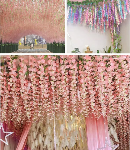 Wisteria Hanging Flowers 12 Pack Wisteria Artificial Flowers Fake Silk Flowers String Vine Ratta Hanging Garland for Home Garden Party Wedding Backdrop Arch Decor (Yellow)