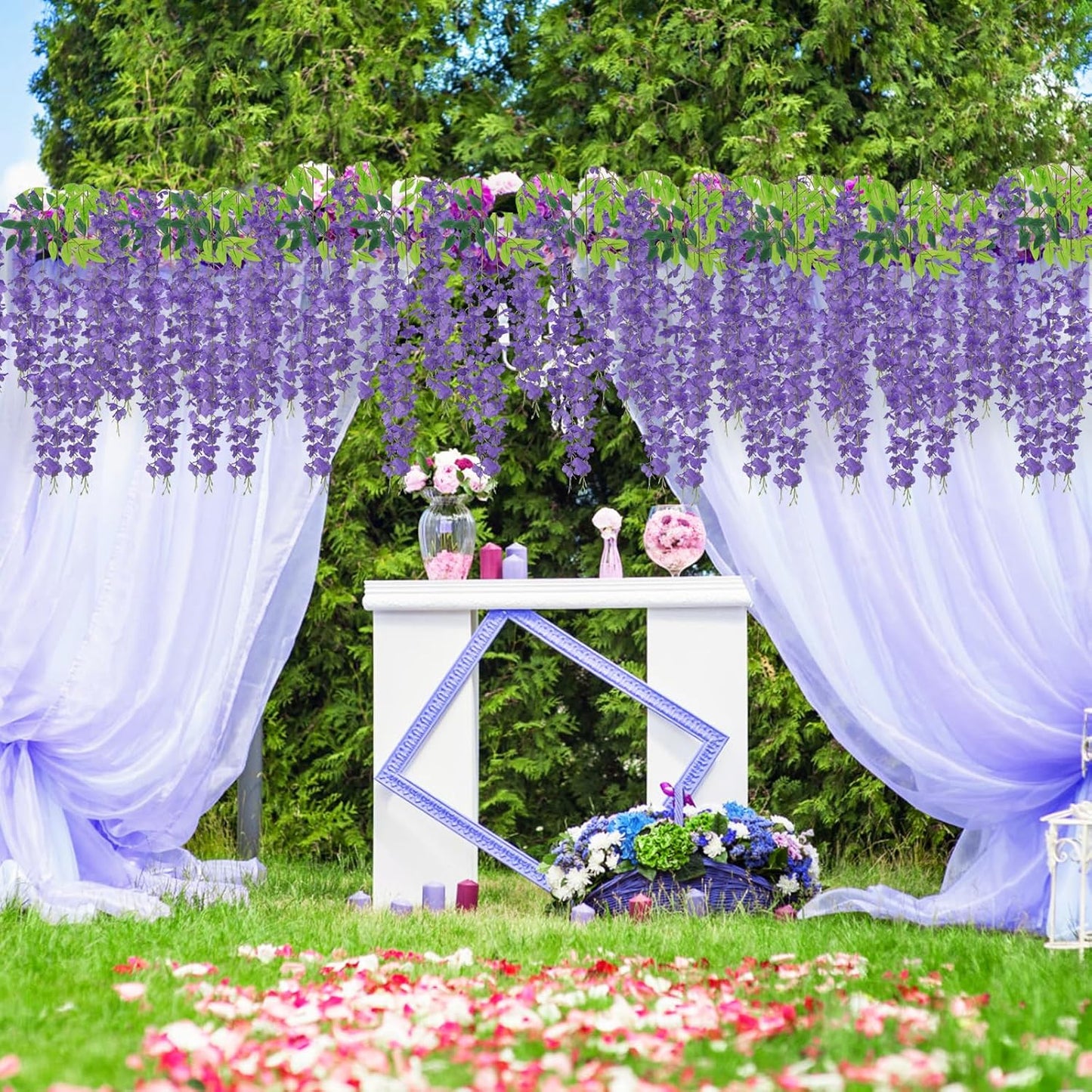 Wisteria Hanging Flowers 12 Pack Wisteria Artificial Flowers Fake Silk Flowers String Vine Ratta Hanging Garland for Home Garden Party Wedding Backdrop Arch Decor (Yellow)