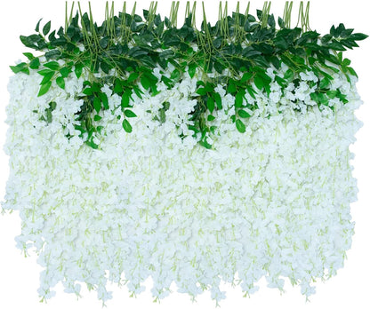 Wisteria Hanging Flowers 12 Pack Wisteria Artificial Flowers Fake Silk Flowers String Vine Ratta Hanging Garland for Home Garden Party Wedding Backdrop Arch Decor (Yellow)
