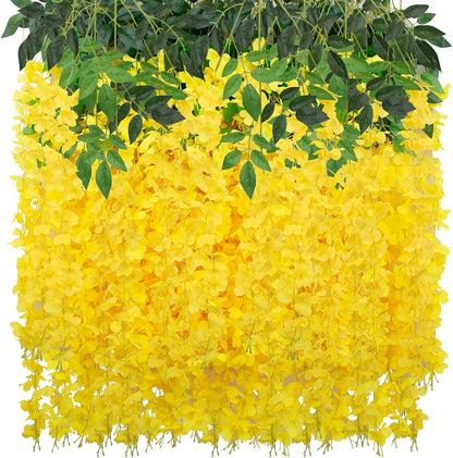 Wisteria Hanging Flowers 12 Pack Wisteria Artificial Flowers Fake Silk Flowers String Vine Ratta Hanging Garland for Home Garden Party Wedding Backdrop Arch Decor (Yellow)