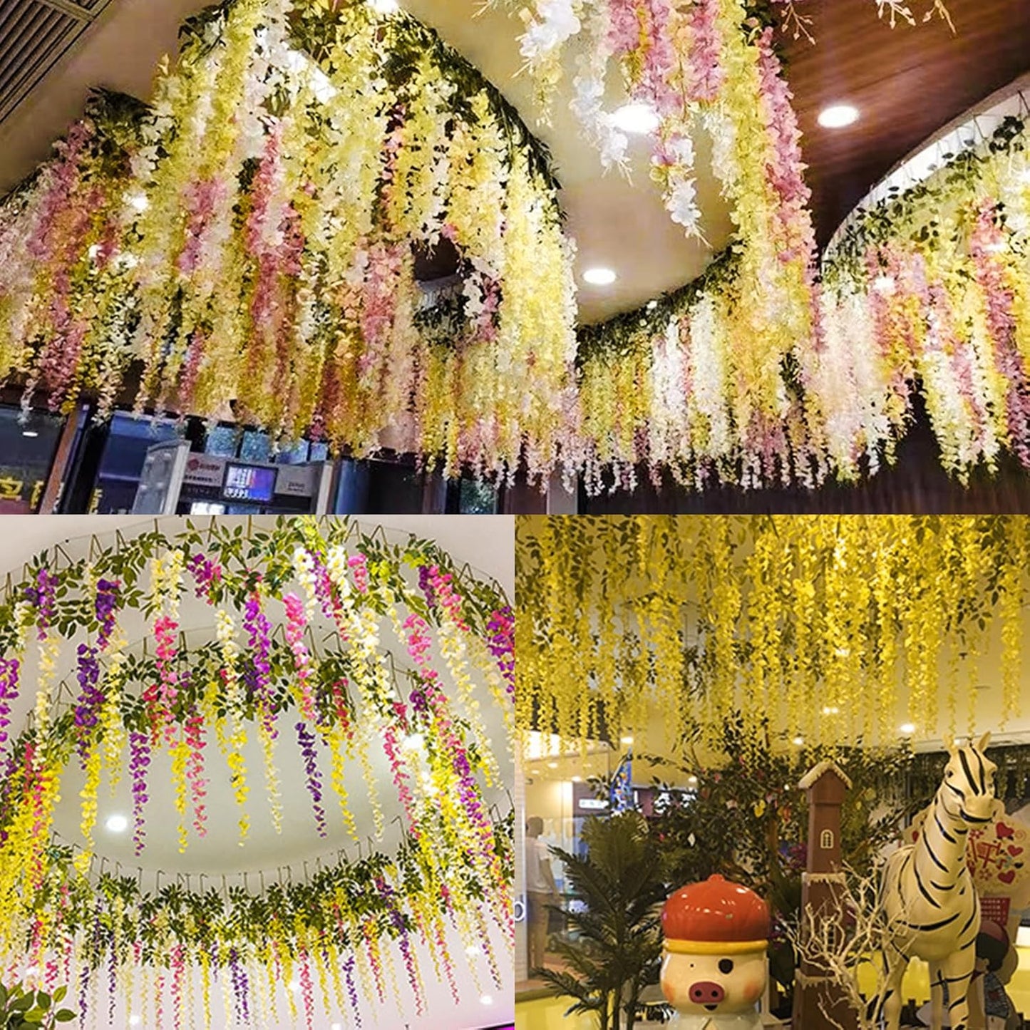 Wisteria Hanging Flowers 12 Pack Wisteria Artificial Flowers Fake Silk Flowers String Vine Ratta Hanging Garland for Home Garden Party Wedding Backdrop Arch Decor (Yellow)